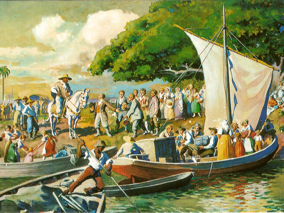Ilustração: Chegada da primeira leva de imigrantes alemães na região do rio dos Sinos.
